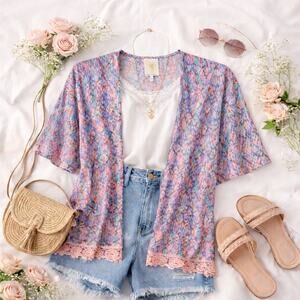 Self Esteem Short Boho Kimono Style Top With Pink Lace Edging Size L